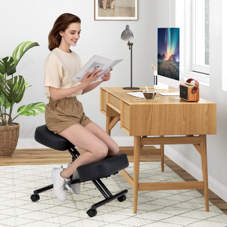 Height adjustable kneeling chair with thick padded cushions, promoting posture correction and comfortable support for.