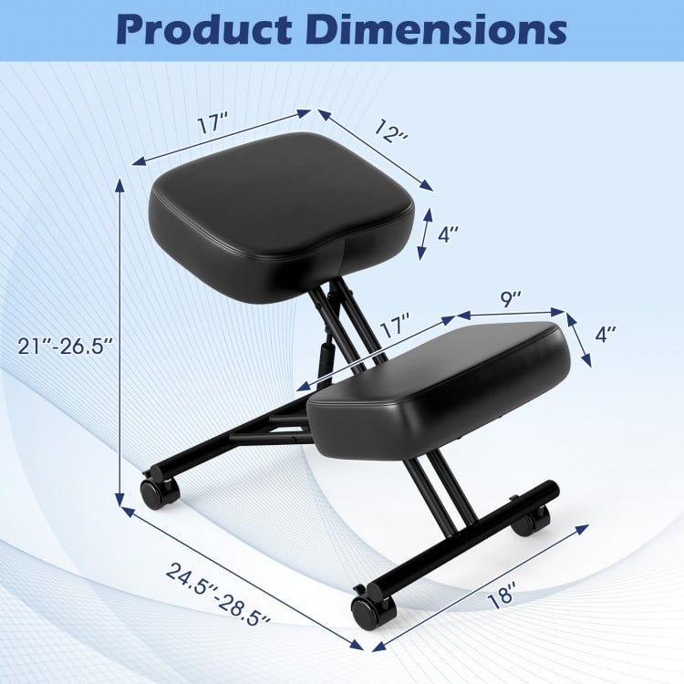 Height adjustable kneeling chair dimensions with padded cushions, suitable for posture correction and meditation.