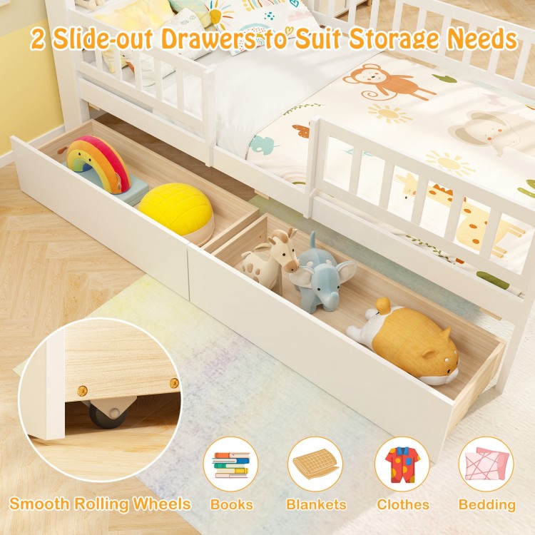 Twin size house bed with white finish, featuring slide-out storage drawers and smooth rolling wheels for easy access.