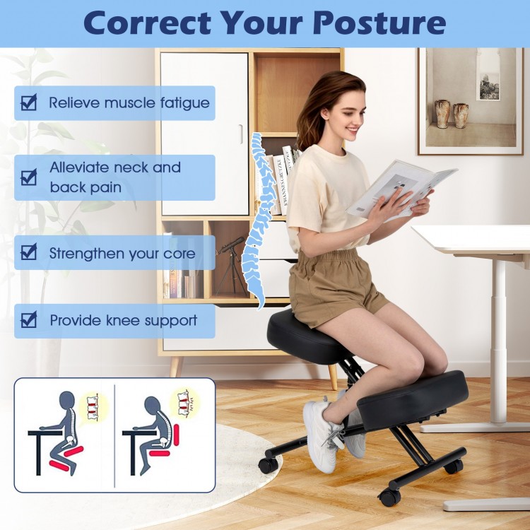 Height adjustable kneeling chair with thick padded cushions for posture correction and core strengthening, ideal for.
