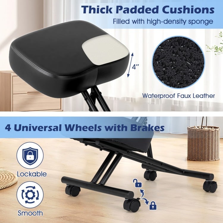 Height adjustable kneeling chair with thick padded cushions, waterproof faux leather, and lockable wheels for stability.