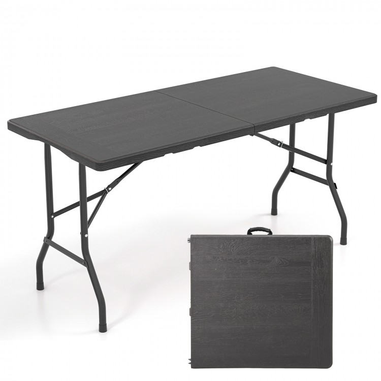 5FT folding picnic table with wood grain HDPE tabletop, portable design, and non-slip foot pads for indoor and outdoor.
