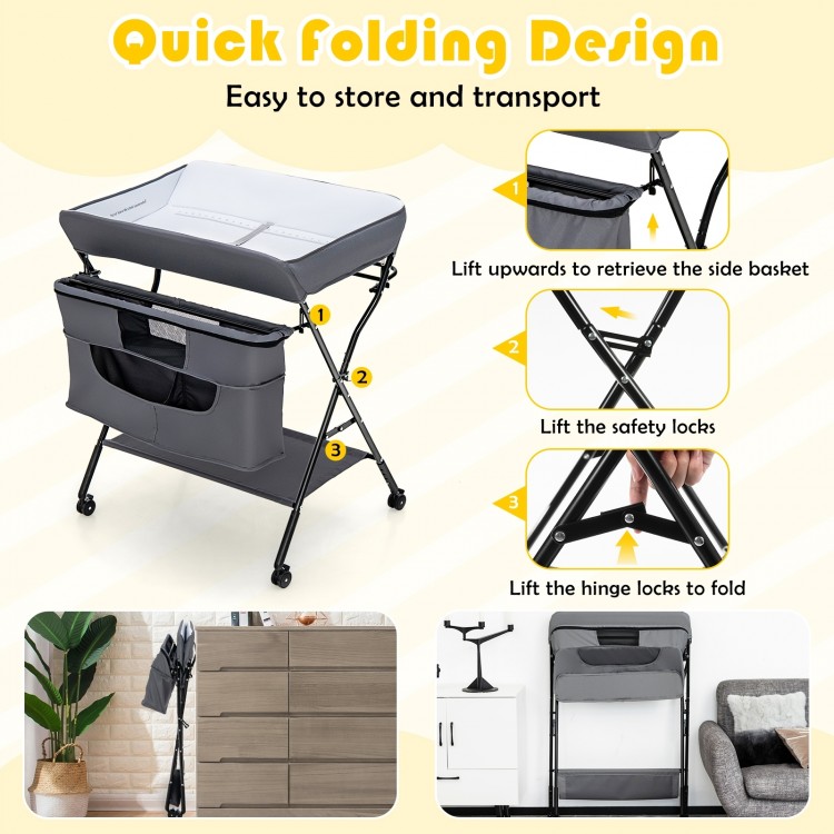 Portable adjustable height baby changing table in gray with storage, foldable design, and lockable wheels for.