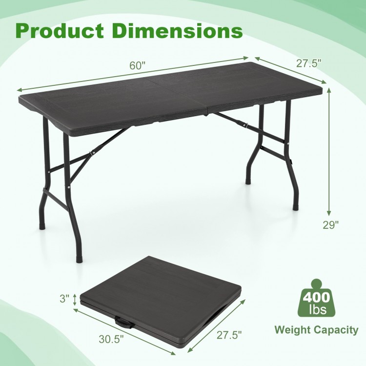 5FT folding picnic table with wood grain HDPE tabletop, 400 lbs capacity, and non-slip foot pads for stability.