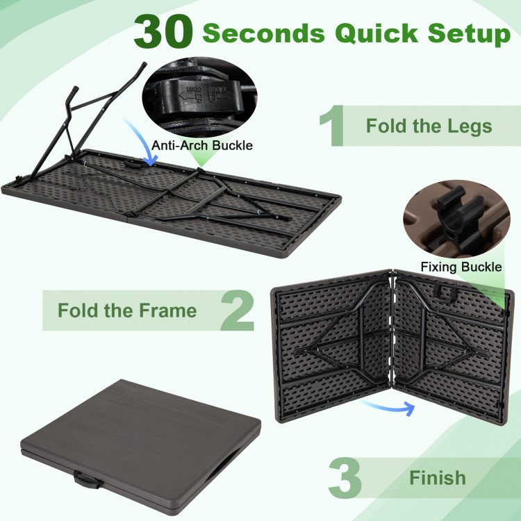 5FT folding picnic table with wood grain HDPE tabletop, showing quick setup steps for easy transport and storage.