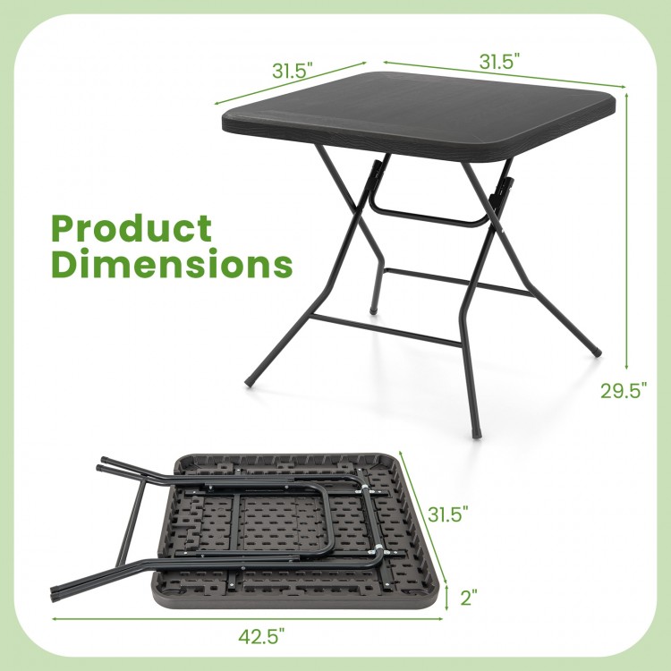 Foldable dining table with wood grain HDPE tabletop, measuring 31.5" x 31.5", ideal for indoor or outdoor use.