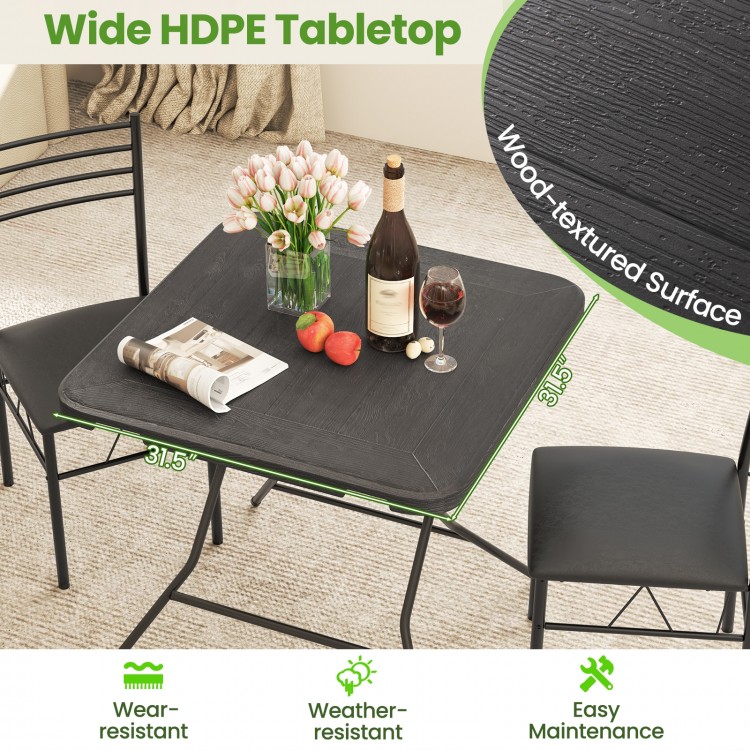 Square black HDPE dining table with wood grain texture, accommodating up to 4 people, ideal for indoor or outdoor use.