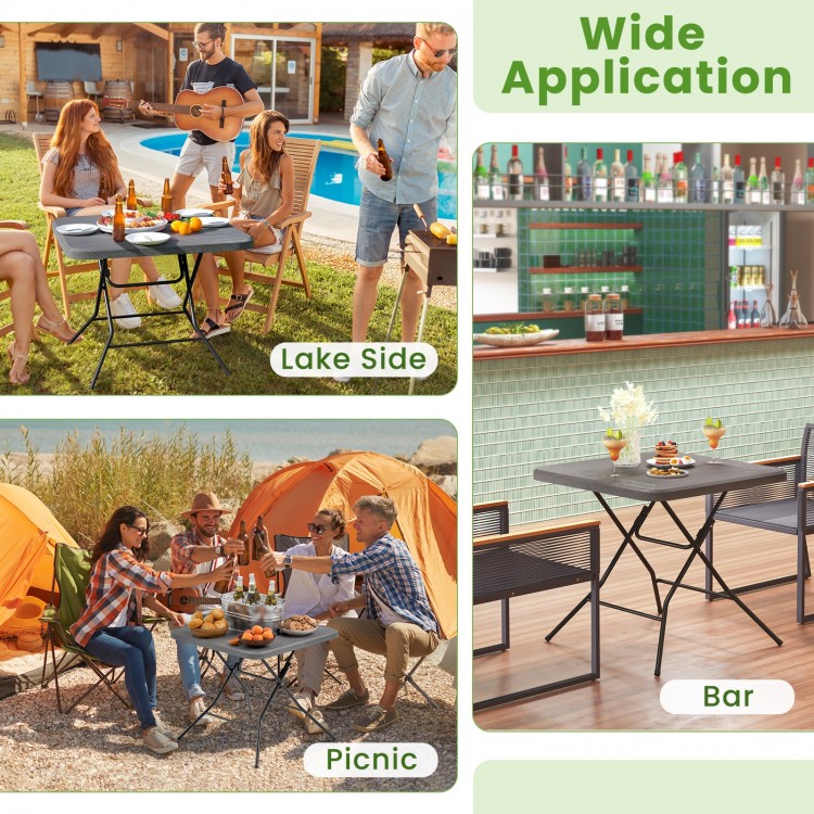 Foldable 2.6FT dining table with wood grain HDPE tabletop, ideal for picnics and lakeside gatherings.