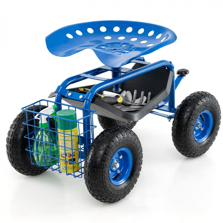 Rolling garden cart work seat in blue with adjustable height, tool tray, and storage basket for outdoor convenience.