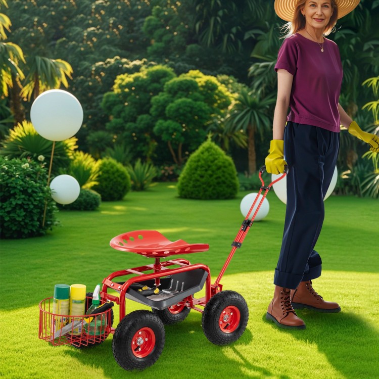 Heavy duty garden cart in red with a 360 swivel seat, tool tray, and large wheels for easy outdoor mobility.