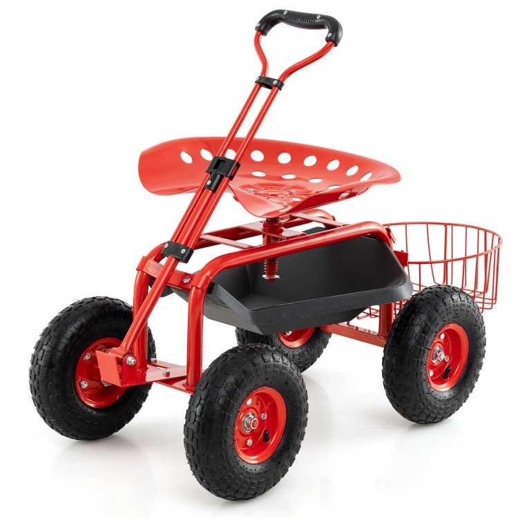 Heavy duty red garden cart with tool tray, 360 swivel seat, and large rubber wheels for easy mobility and comfort.