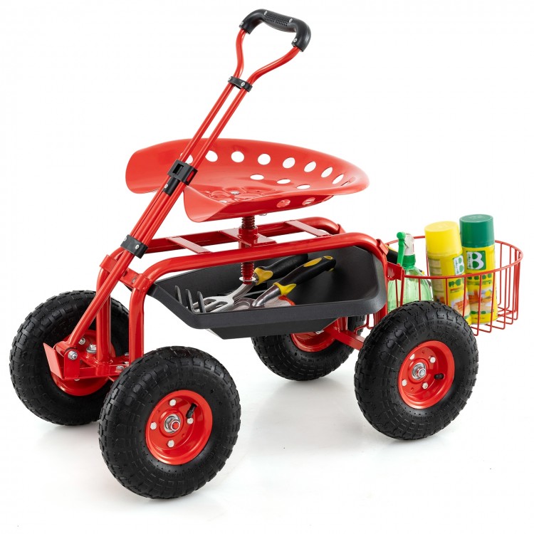 Heavy duty garden cart in red with tool tray, 360 swivel seat, and large rubber wheels for easy mobility.