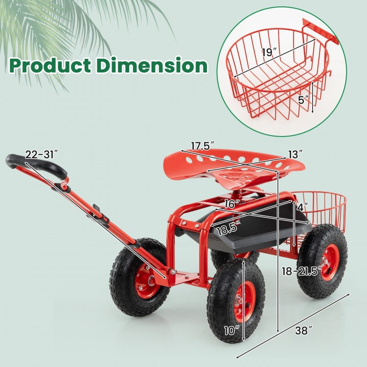 Heavy duty garden cart with tool tray and 360 swivel seat, featuring adjustable height and large rubber wheels for.