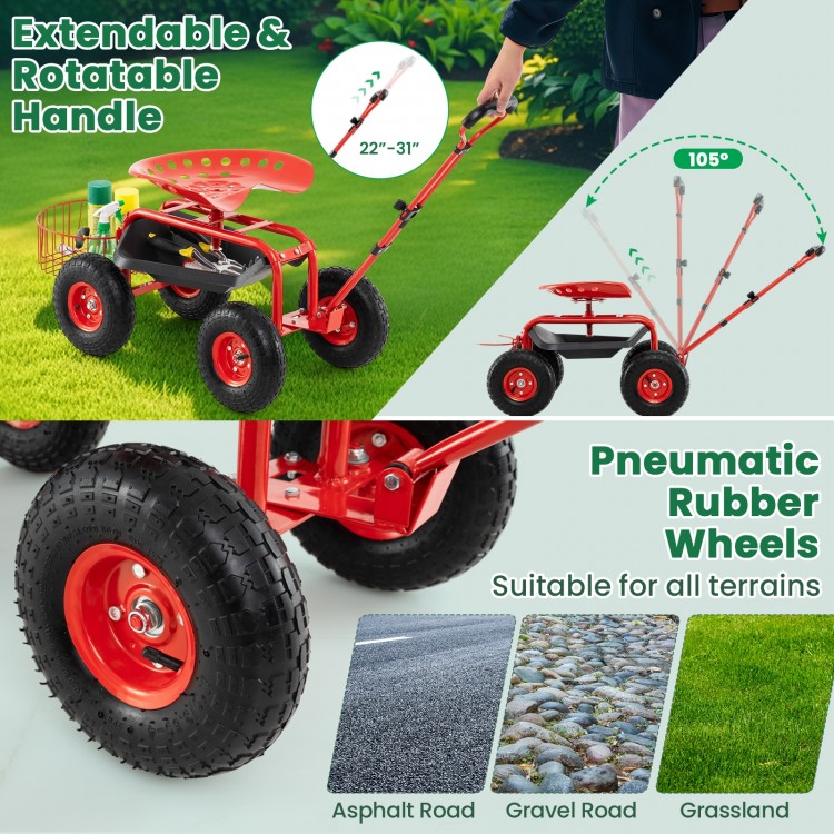 Heavy duty garden cart with pneumatic rubber wheels, adjustable handle, and tool tray for versatile outdoor use.
