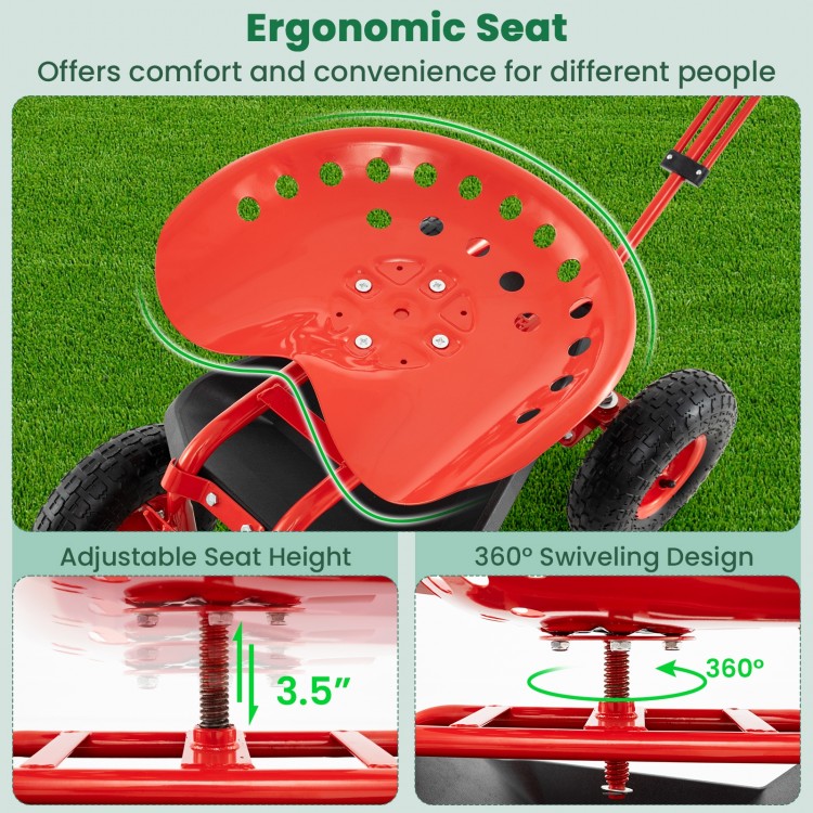 Ergonomic red seat of the heavy-duty garden cart, featuring adjustable height and 360-degree swivel design for comfort.