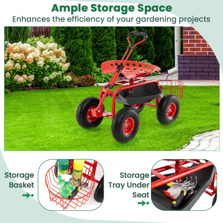 Heavy duty garden cart in red with tool tray and swivel seat, featuring ample storage for gardening tools and supplies.