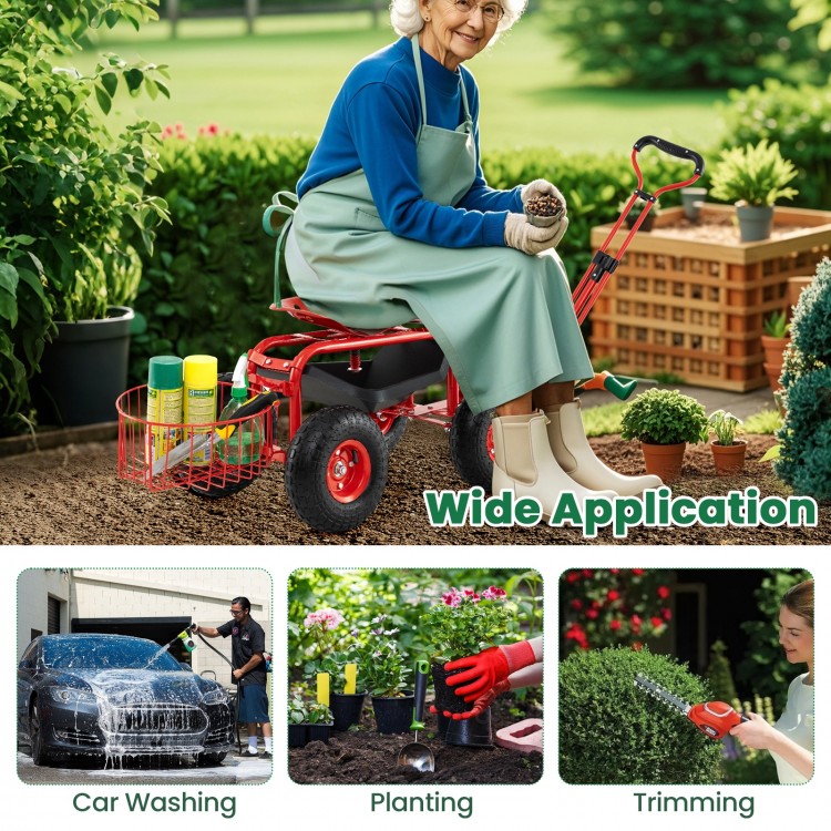 Heavy duty garden cart with tool tray and 360 swivel seat, featuring a sturdy frame and large wheels for easy mobility.