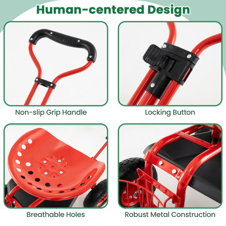Heavy duty garden cart features a red ergonomic seat, non-slip grip handle, and robust metal construction for.