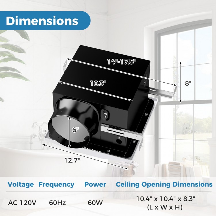 200 CFM bathroom exhaust fan dimensions with metal housing, designed for 200 sq. ft. spaces, showing installation specs.
