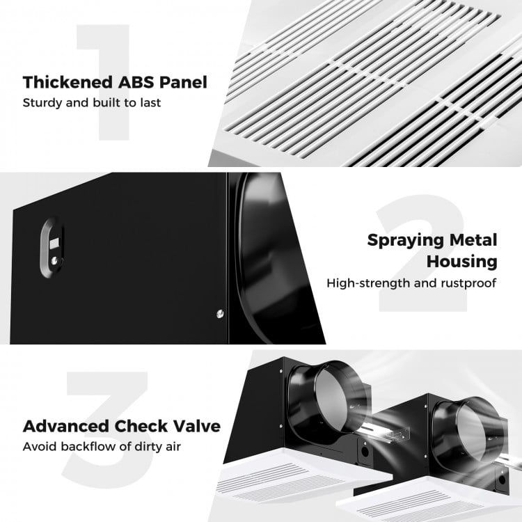 Close-up of the 200 CFM bathroom exhaust fan showcasing the spraying metal housing and advanced check valve for.