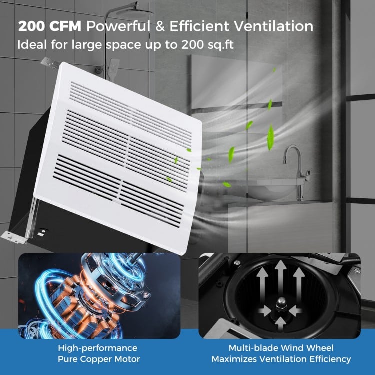 200 CFM bathroom exhaust fan showcasing the multi-blade wind wheel for optimized ventilation efficiency in bathrooms.