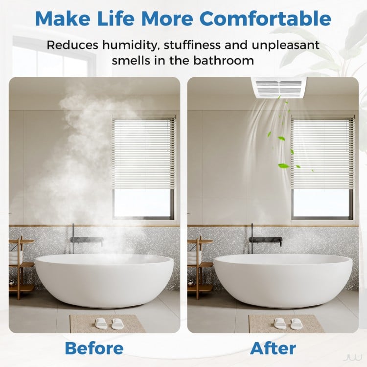 200 CFM bathroom exhaust fan with metal housing, shown in a before-and-after humidity reduction scenario.