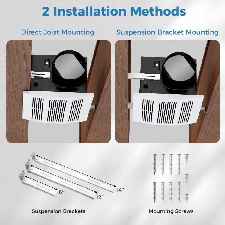 Bathroom exhaust fan installation methods showing direct joist and suspension bracket mounting options for versatile.