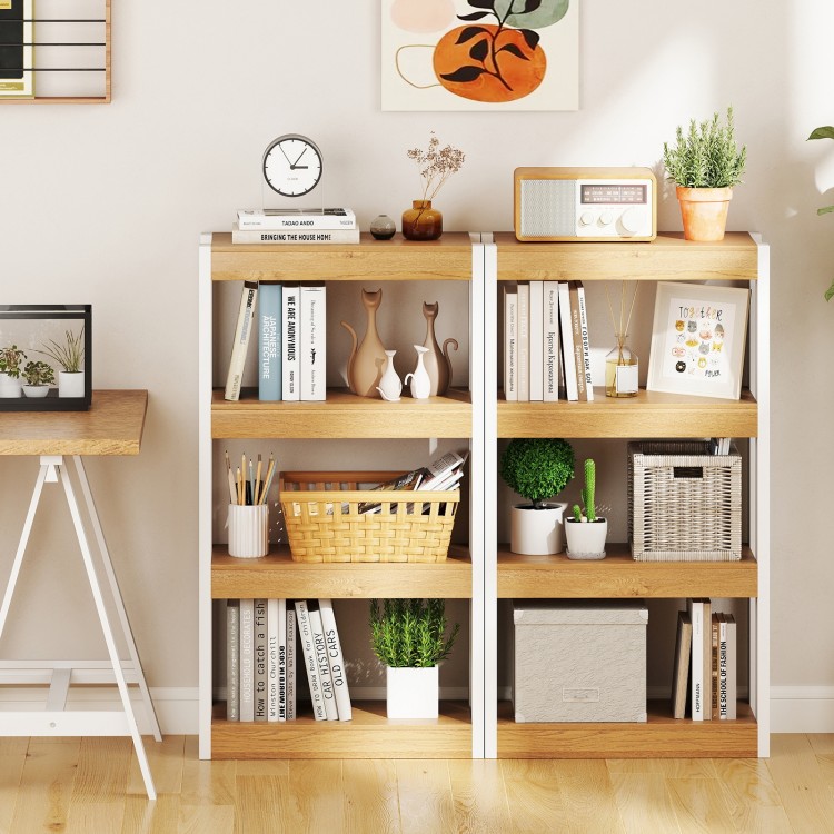 4-tier wooden bookshelf with natural finish, featuring spacious shelves and anti-tipping kits for secure storage in any.