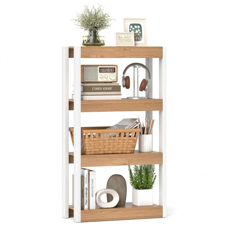 4-tier bookshelf with natural wood shelves and white frame, ideal for displaying decor and maintaining organization in.