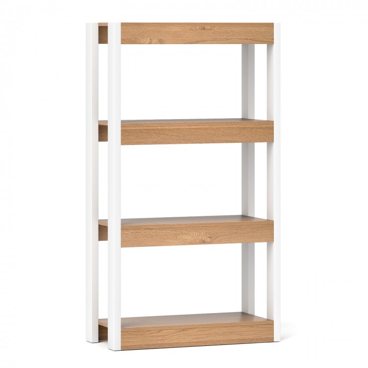 4-tier wooden bookshelf with natural finish and white frame, featuring anti-tipping kits for secure storage.