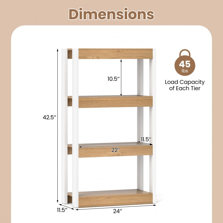 4-tier wooden bookshelf with natural finish, measuring 42.5" tall, ideal for organizing books and decor in any room.