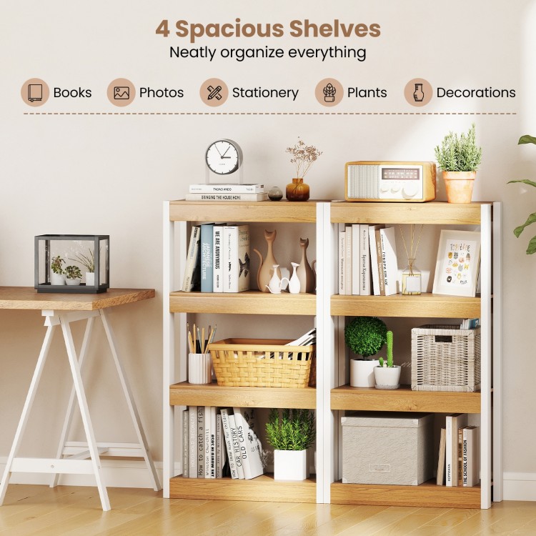 4-tier wooden bookshelf with natural finish, featuring spacious shelves for books, plants, and decor in a stylish.