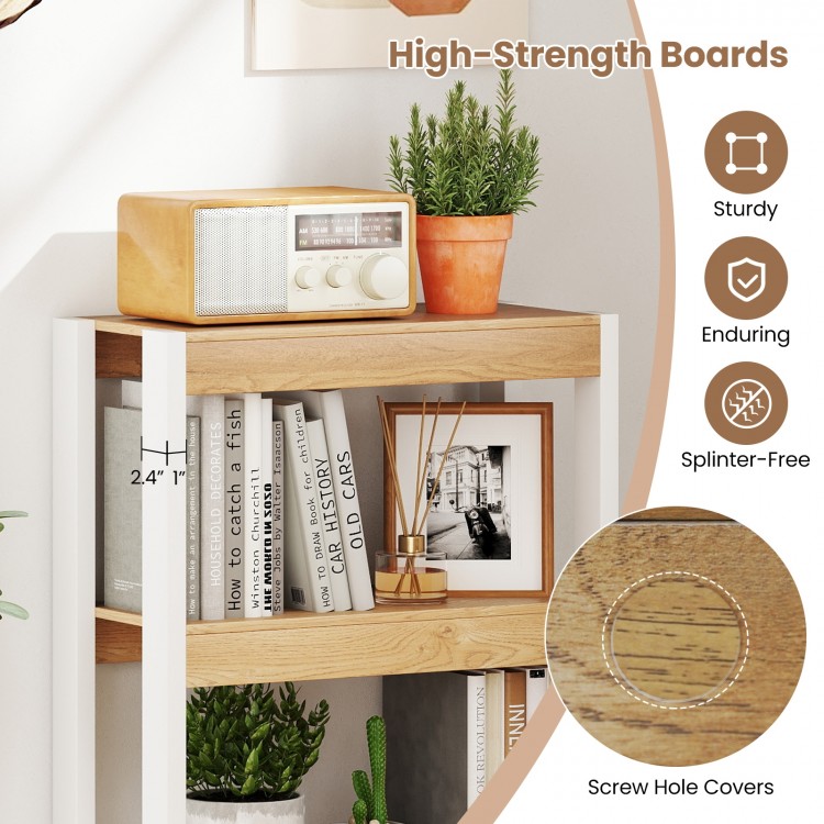 4-tier wooden bookshelf with natural finish, featuring sturdy shelves and screw hole covers, perfect for home.