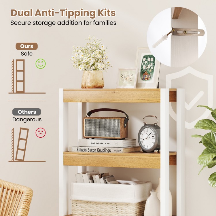 4-tier wooden bookshelf with dual anti-tipping kits, showcasing secure storage for families and optimal stability.