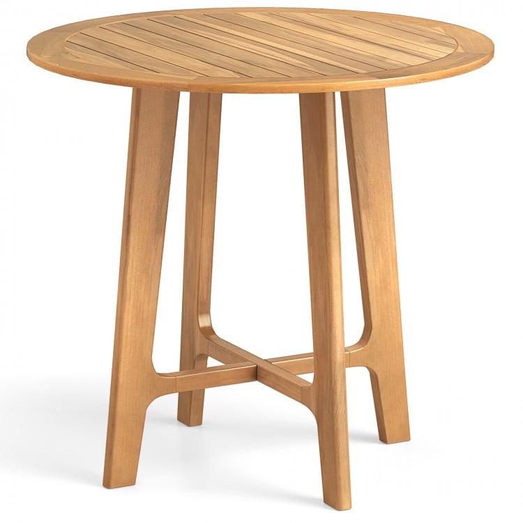 Round 31.5-inch patio dining table with slatted teak wood top and X-shaped frame, ideal for outdoor and indoor use.