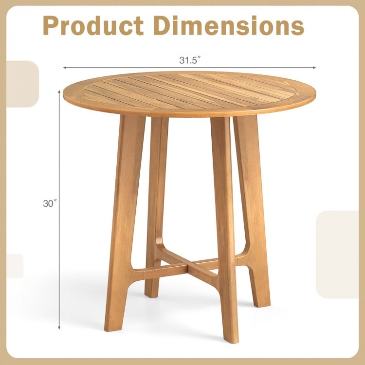 Round 31.5" patio dining table with slatted teak wood top and X-shaped frame, ideal for gardens and patios.