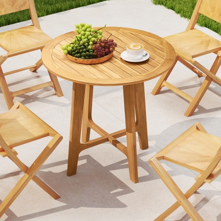 Round 31.5-inch patio dining table with slatted teak wood top and X-shaped frame, perfect for outdoor dining.