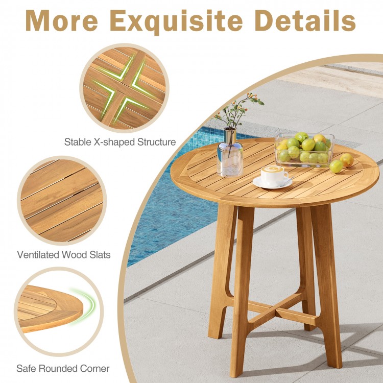 Round 31.5" patio dining table with slatted teak wood top and X-shaped frame, perfect for outdoor gatherings.