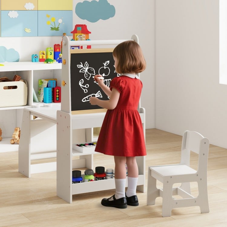 Kids art table and chair set in grey with easel, featuring a whiteboard and chalkboard for creative activities.