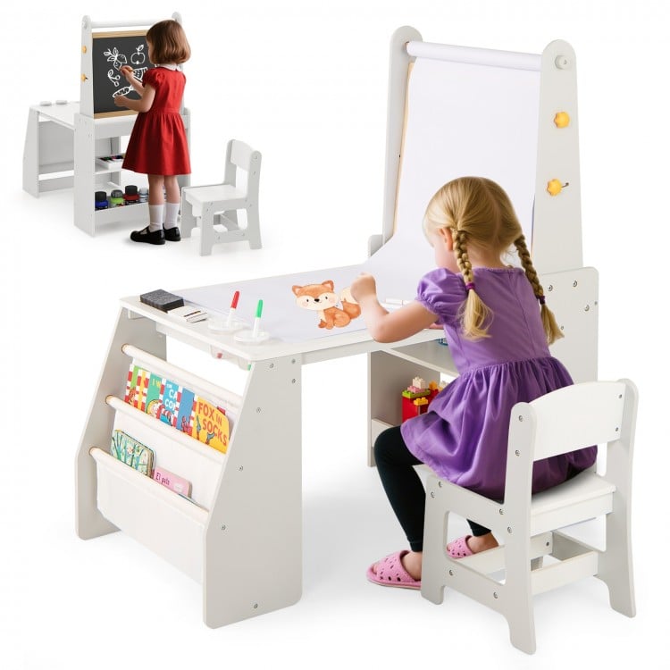 Kids art table and chair set in grey with easel, whiteboard, and chalkboard for creative drawing and reading activities.