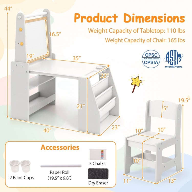 Kids art table and chair set in grey with easel, storage shelves, and accessories for creative activities.