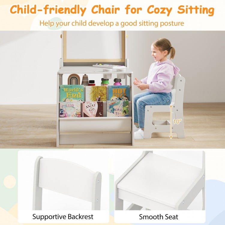 Kids art chair with supportive backrest and smooth seat, designed for comfort and storage under the table in grey.