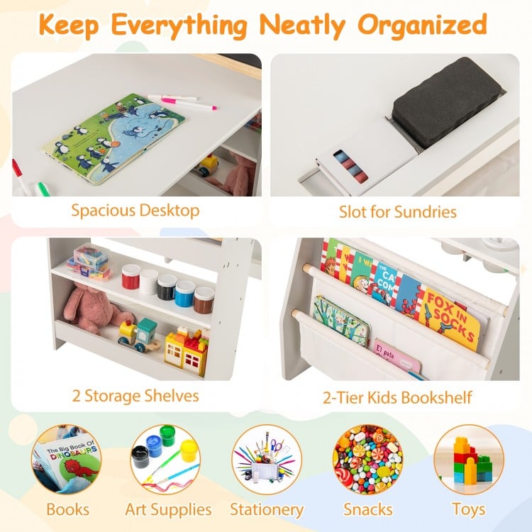 Kids art table and chair set in grey with spacious desktop, 2-tier bookshelf, and storage for books and toys.