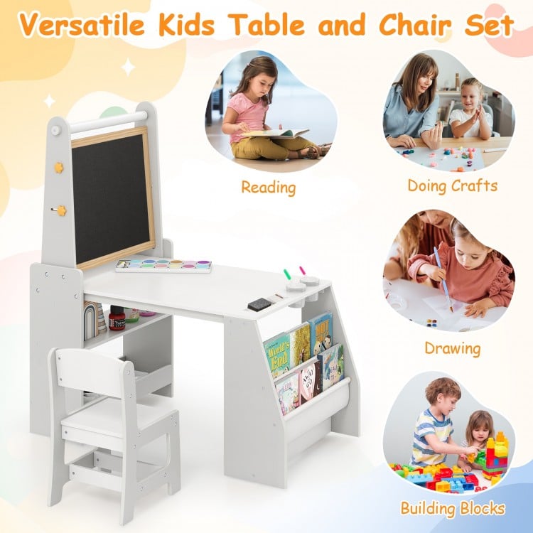 Kids art table and chair set in grey featuring a whiteboard, chalkboard, and ample storage for drawing and reading.
