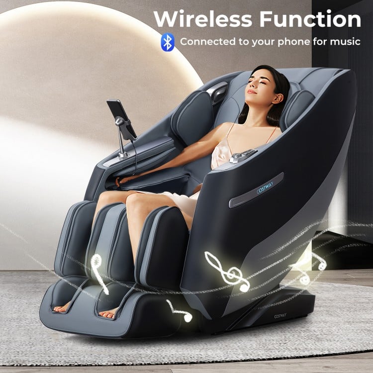 Full body massage chair in black with waist heating, airbag massage, and Bluetooth function for music enjoyment.