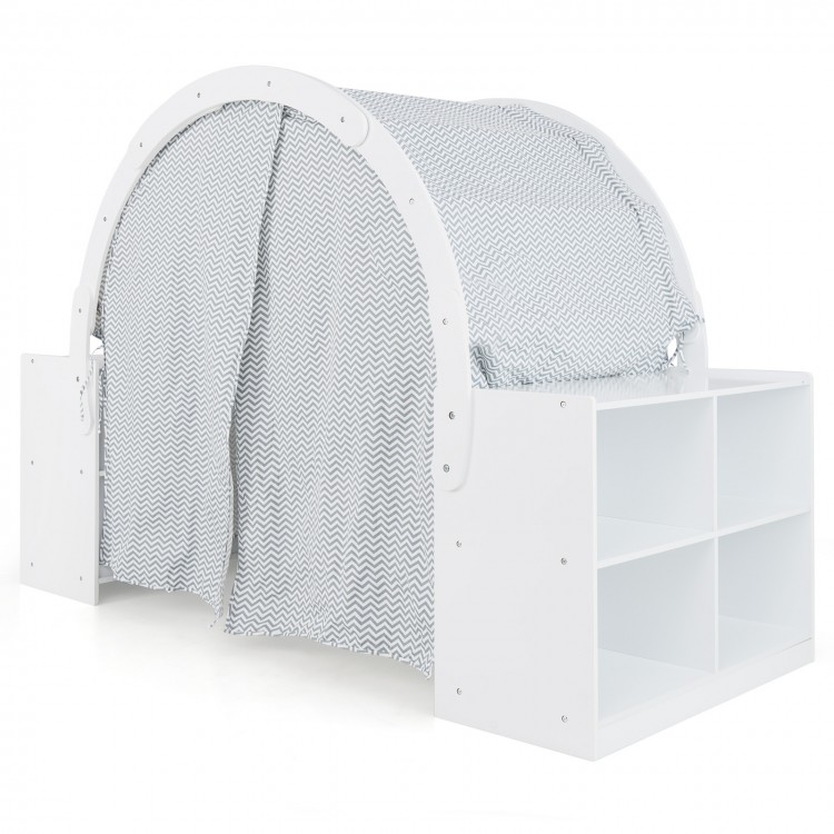 Wooden kids play tent in white with curtain shades and 8 cubbies, perfect for safe play and organization.