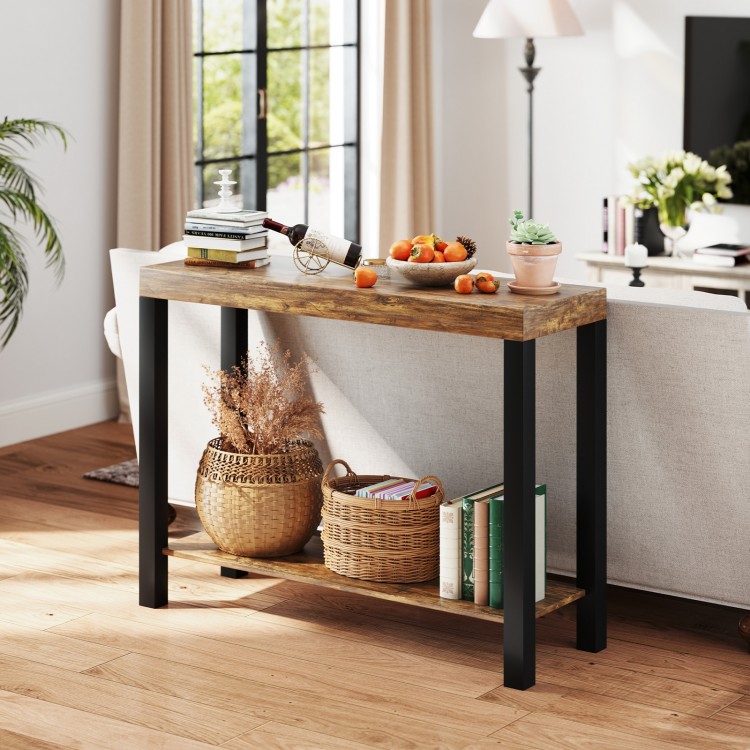 Rustic brown 2-tier home bar table with open shelves, perfect for kitchen or living room storage and decor.