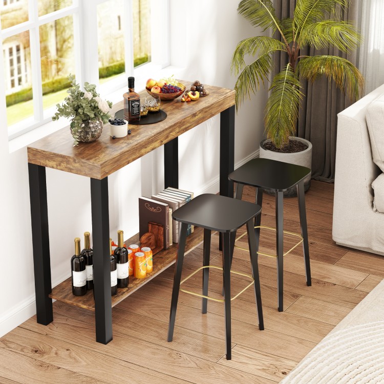 Rustic brown 2-tier home bar table with open shelves, perfect for kitchen or living room storage and style.