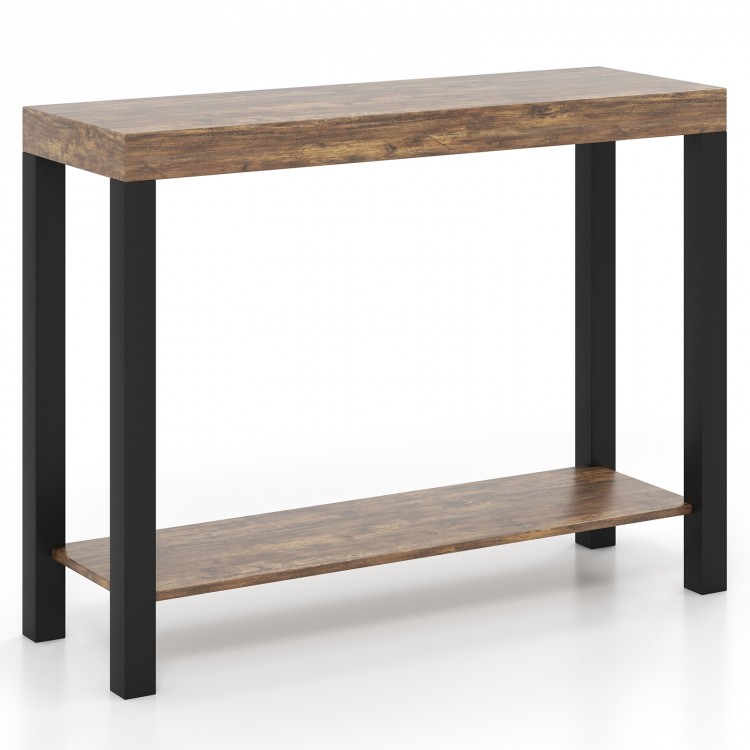 Rustic brown 2-tier home bar table with open shelves, handcrafted cashew wood frame for kitchen or living room use.