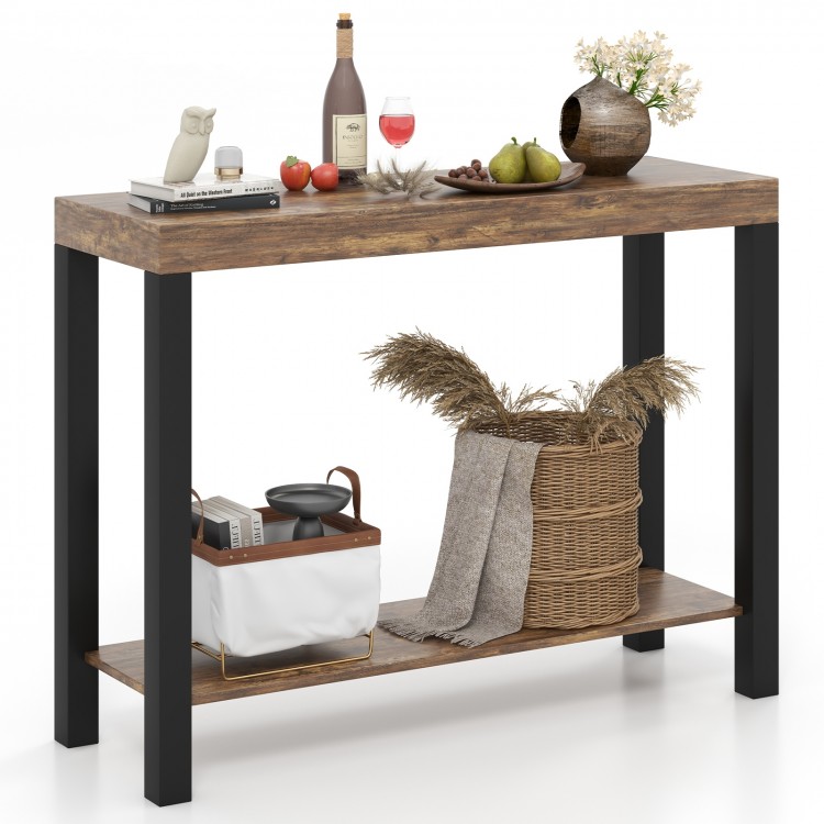 Rustic brown 2-tier home bar table with open shelves, ideal for kitchen or living room storage and decor.